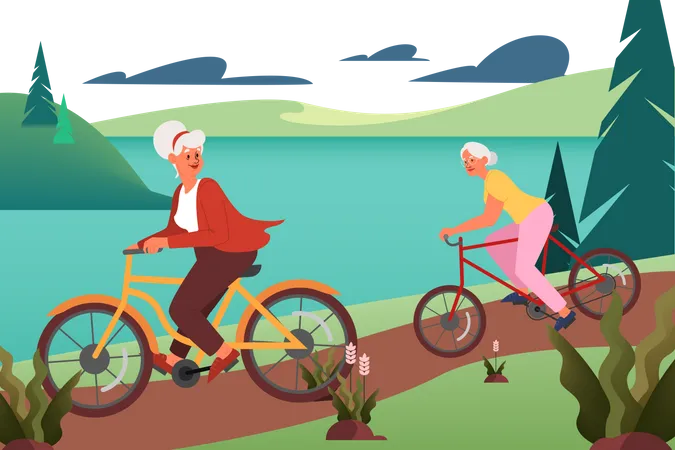 Mulher idosa andando de bicicleta com um amigo na floresta  Ilustração