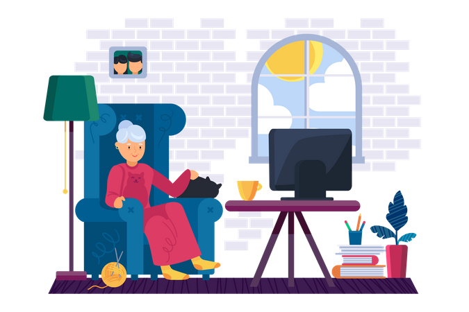 Mulher idosa assistindo tv  Ilustração