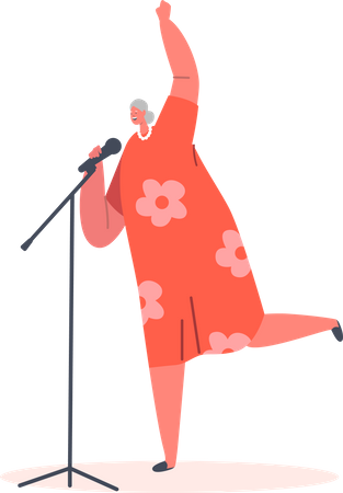 Mulher velha cantando música no microfone  Ilustração