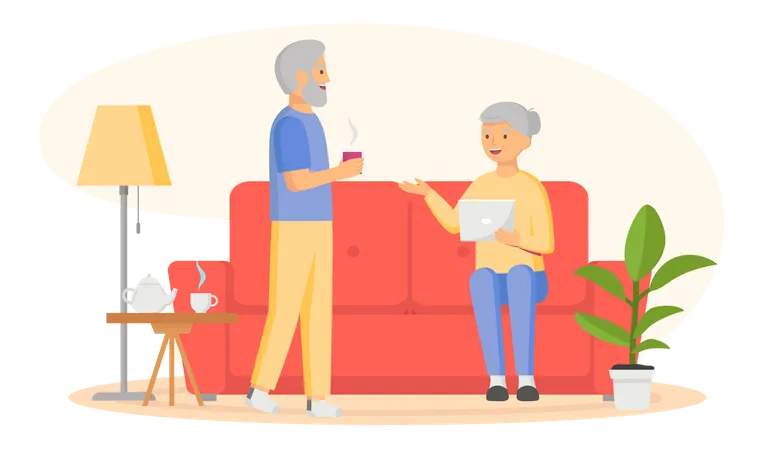 Mulher idosa com tablet sentada no sofá e homem idoso segurando café  Ilustração