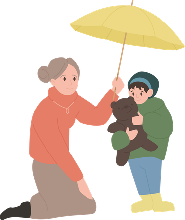 Velha compartilhando guarda-chuva com criança  Ilustração