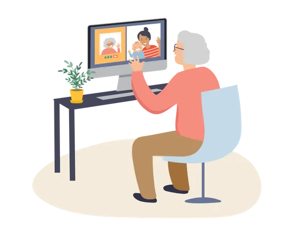 Mulher idosa conversando em videochamada  Ilustração