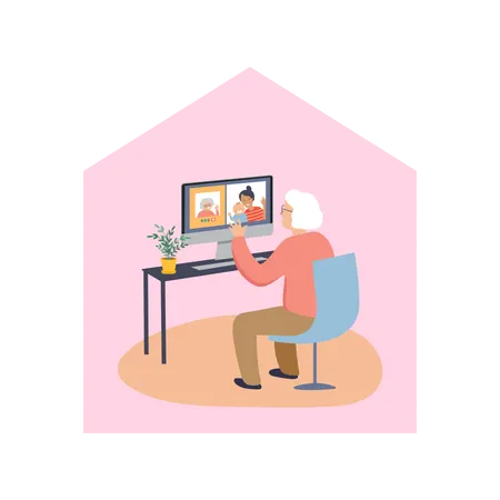 Mulher idosa conversando por videochamada em casa  Ilustração