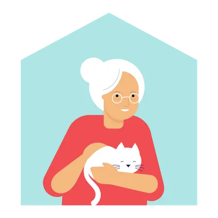 Mulher idosa parada na janela com seu gato  Ilustração