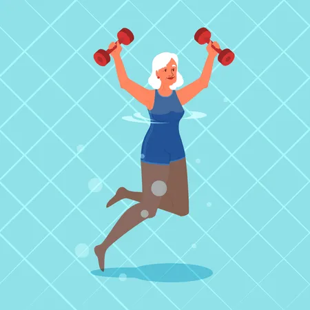 Mulher idosa fazendo exercícios com halteres de piscina  Ilustração
