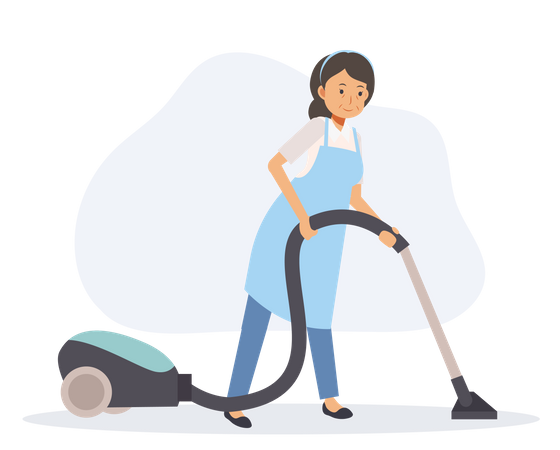 Velha governanta limpando o chão com aspirador  Ilustração