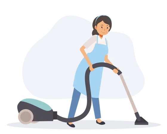 Velha governanta limpando o chão com aspirador  Ilustração