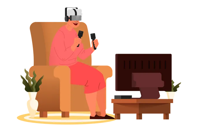 Mulher Idosa Jogando Videogame Senior Jogando Videogame Com Controlador De Console E Dispositivo De Oculos VR Personagem Idoso Tem Um Estilo De Vida Moderno Ilustracao Vetorial Isolada Em Estilo Cartoon Ilustração
