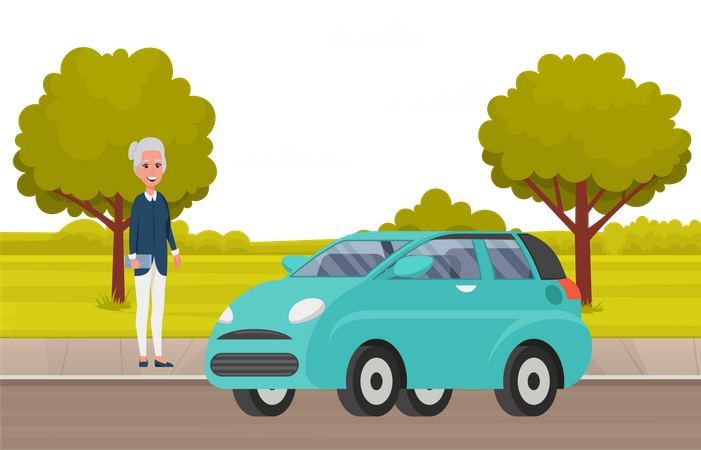 Mulher idosa perto do carro  Ilustração