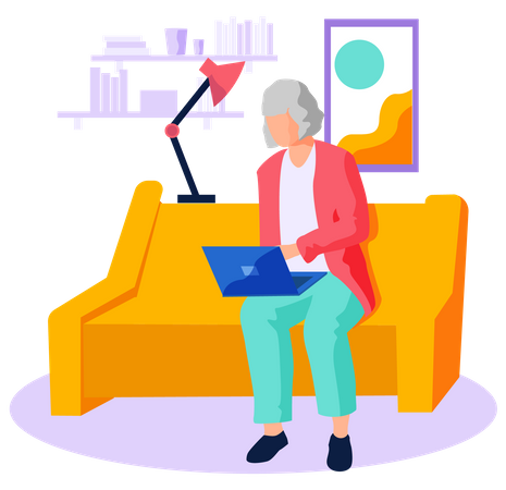 Mulher idosa procurando informações navegando na internet  Ilustração
