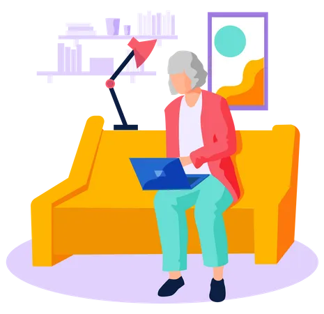 Mulher idosa procurando informações navegando na internet  Ilustração