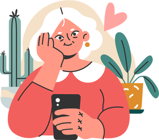 Mulher idosa segurando o celular e pensando em algo  Ilustração