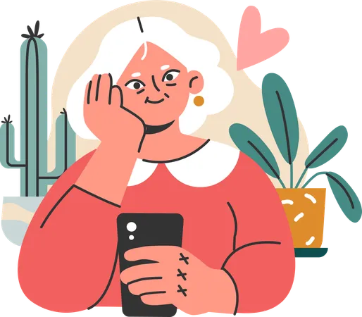 Mulher idosa segurando o celular e pensando em algo  Ilustração