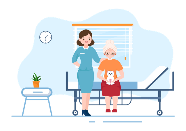 Mulher idosa sentada na cama e enfermeira cuidando  Ilustração