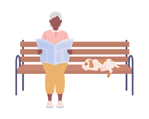 Senhora idosa sentada no banco do parque  Ilustração