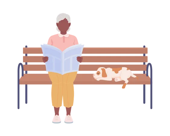 Senhora idosa sentada no banco do parque  Ilustração