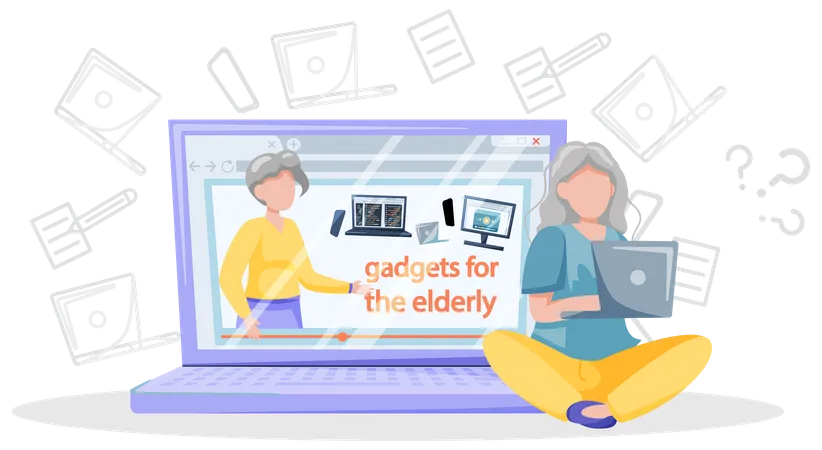 Senhora idosa usando laptop  Ilustração