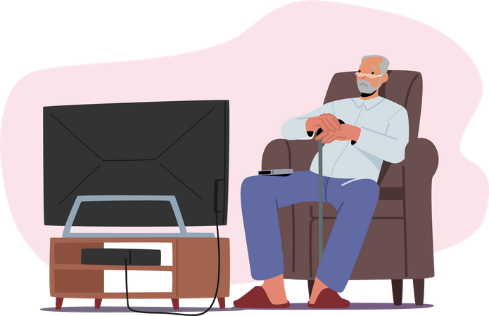 Velho assistindo TV, personagem masculino sênior sentado em uma poltrona confortável se divertindo, relaxando, avô solitário  Ilustração