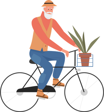 Velho andando de bicicleta com vaso de planta  Ilustração