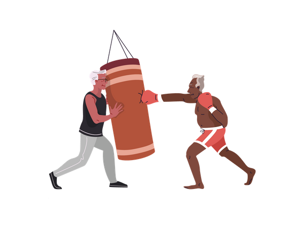 Velho praticando boxe com treinador de boxe  Ilustração