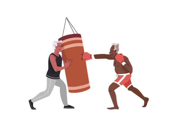 Velho praticando boxe com treinador de boxe  Ilustração