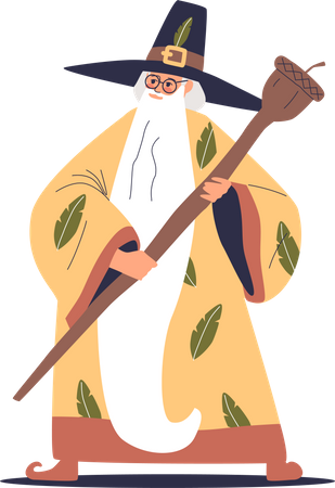 Velho feiticeiro com bastão mágico vestindo fantasia de mago  Ilustração