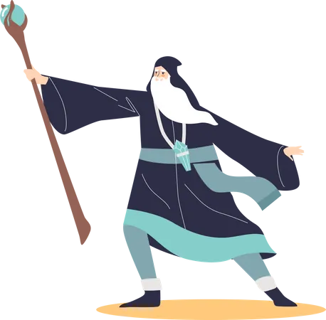 Velho feiticeiro bruxo com bastão mágico vestindo manto mágico  Ilustração