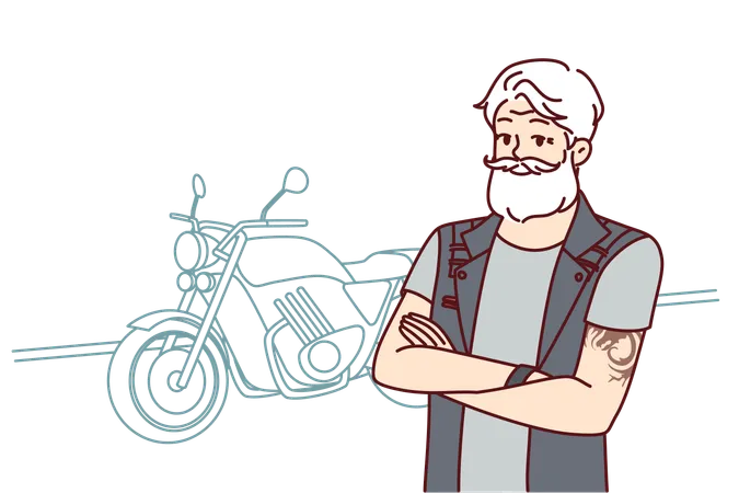 Velho motociclista anda de moto  Ilustração