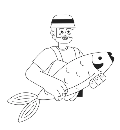 Velho pescador segurando peixes grandes  Ilustração