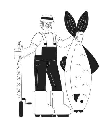 Velho pescador segurando peixes grandes e vara de pescar  Ilustração