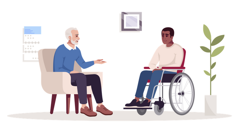 Velho se comunicando com pessoa com deficiência  Ilustração