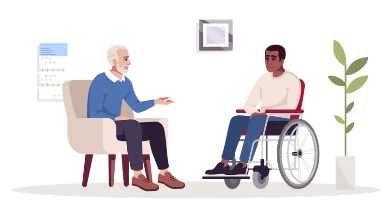 Velho se comunicando com pessoa com deficiência  Ilustração