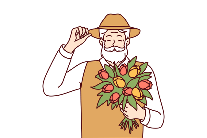 Velho segurando buquê de flores  Ilustração