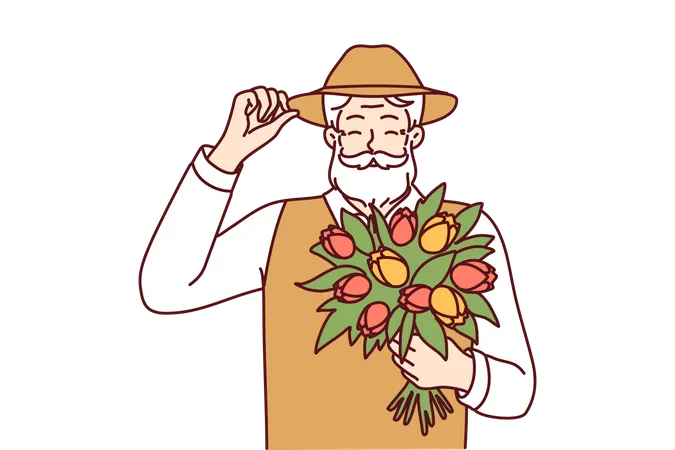 Velho segurando buquê de flores  Ilustração