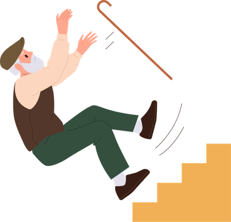 Idoso com bengala caindo da escada  Ilustração