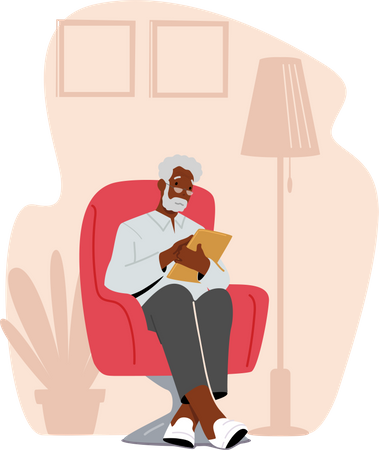 Velho sentado na poltrona lendo um livro  Ilustração