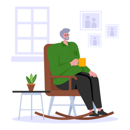 Velho tomando café enquanto está sentado na cadeira de balanço  Ilustração
