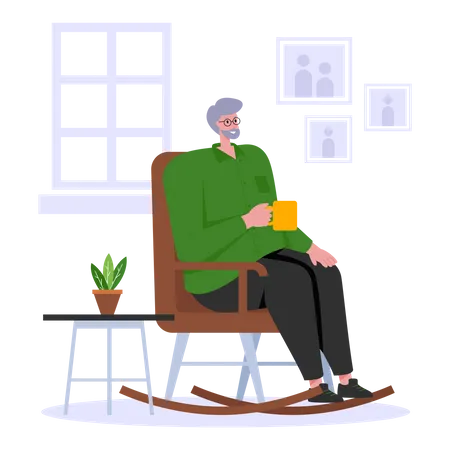 Velho tomando café enquanto está sentado na cadeira de balanço  Ilustração