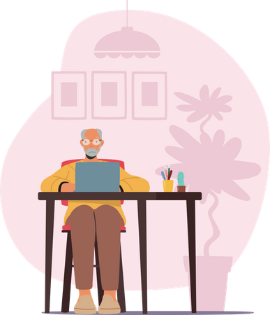 Velho trabalhando no laptop  Ilustração