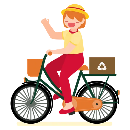 Fille à vélo avec boîte de recyclage  Illustration