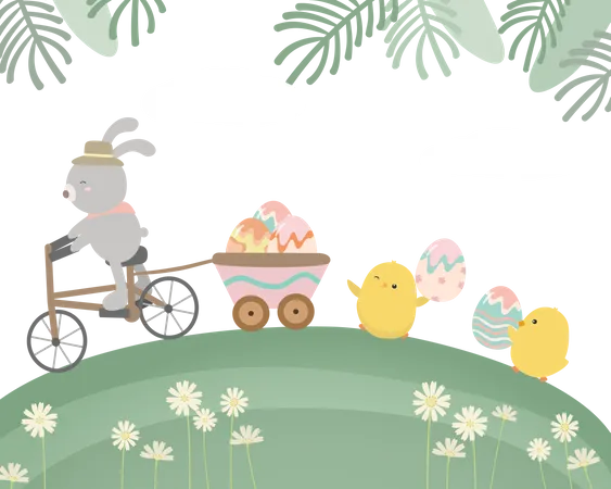 Lapin à vélo avec des œufs de Pâques et un poussin tenant un œuf  Illustration