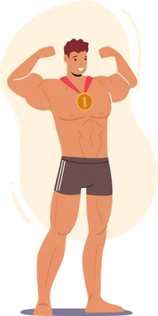 Celebracao Do Sucesso Esportivo Esportista Com Medalha De Ouro Isolada Em Fundo Branco Personagem Masculino Esportivo Comemora A Vitoria Demonstra Musculos E Poder Ilustra O Vetorial De Pessoas Dos Desenhos Animados Ilustração