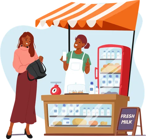 Vendedor ambulante vende productos lácteos  Ilustración