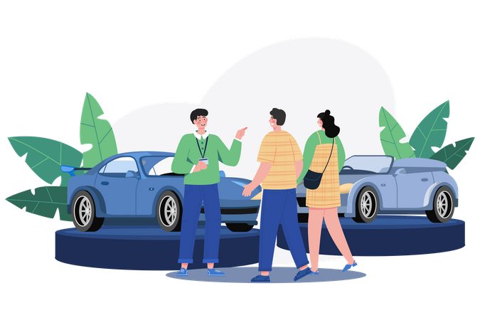 Vendedor conversando com um jovem casal no showroom da concessionária  Ilustração