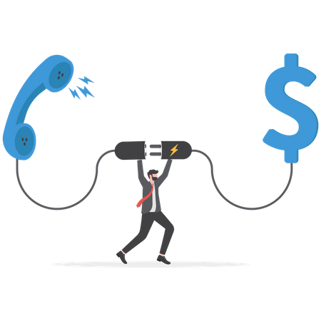 Vendedor de confiança em pé com telefone conectado ao dinheiro dólar  Ilustração