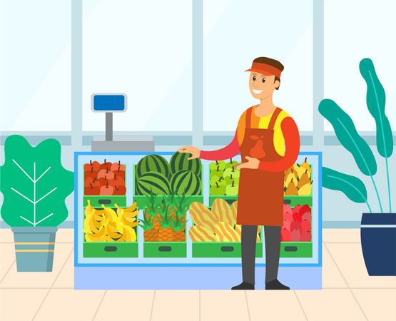 Vendedor de frutas en frutería  Ilustración