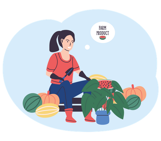 Vendedor de productos agrícolas sentado con frutas  Ilustración