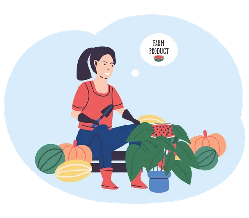 Vendedor de productos agrícolas sentado con frutas  Ilustración