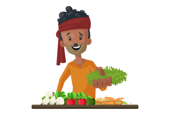 Vendedor de verduras está vendiendo verduras.  Ilustración