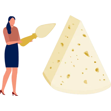 Vendedor hombre chica haciendo trozos de queso lechoso  Ilustración